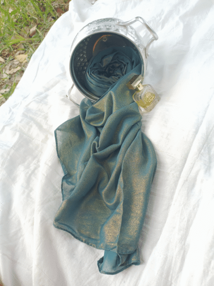 Glitter Shiny Stolar Chiffon Hijab – Deep Teal Gold Radiance