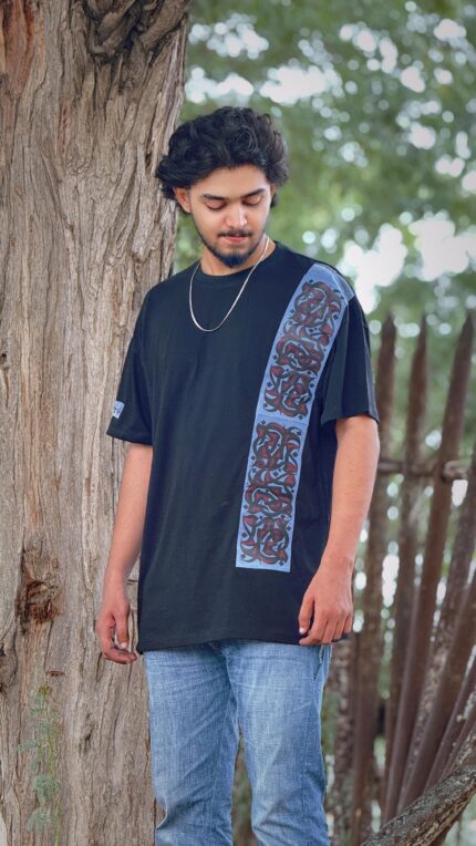 Sindhi Ajrak Panel T‑Shirt – Black Unisex Crewneck, Vertical Heritage Print Stripe