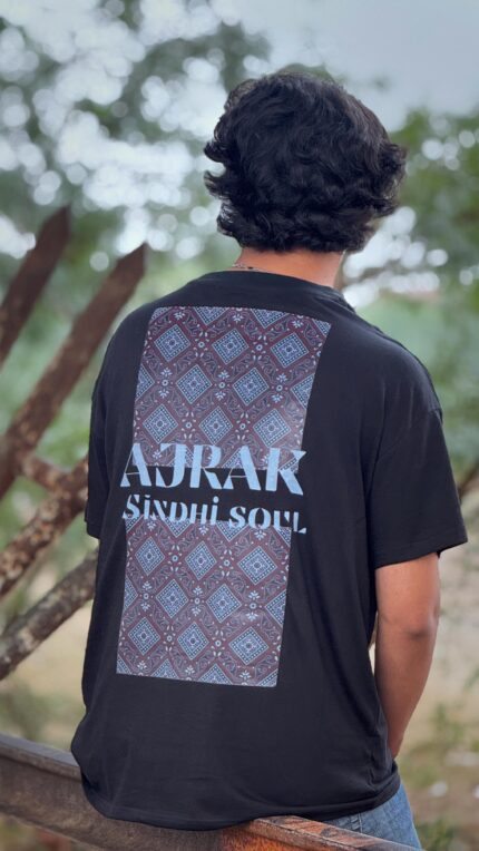 Ajrak “Sindhi Soul” Graphic T‑Shirt – Black Unisex Crewneck, Front Typo Stripe & Full Back Ajrak Panel - Image 4
