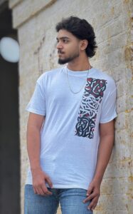 Arabic Calligraphy Vertical Panel T‑Shirt – White Unisex Crewneck