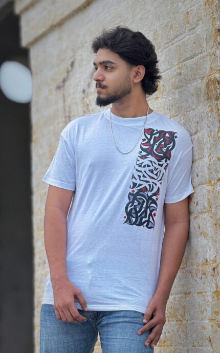Arabic Calligraphy Vertical Panel T‑Shirt – White Unisex Crewneck