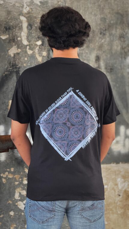 Sindhi Ajrak Back‑Graphic T‑Shirt – Black Unisex Crewneck, “SINDHI” Front Typo Print - Image 2