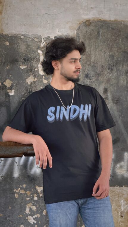 Sindhi Ajrak Back‑Graphic T‑Shirt – Black Unisex Crewneck, “SINDHI” Front Typo Print